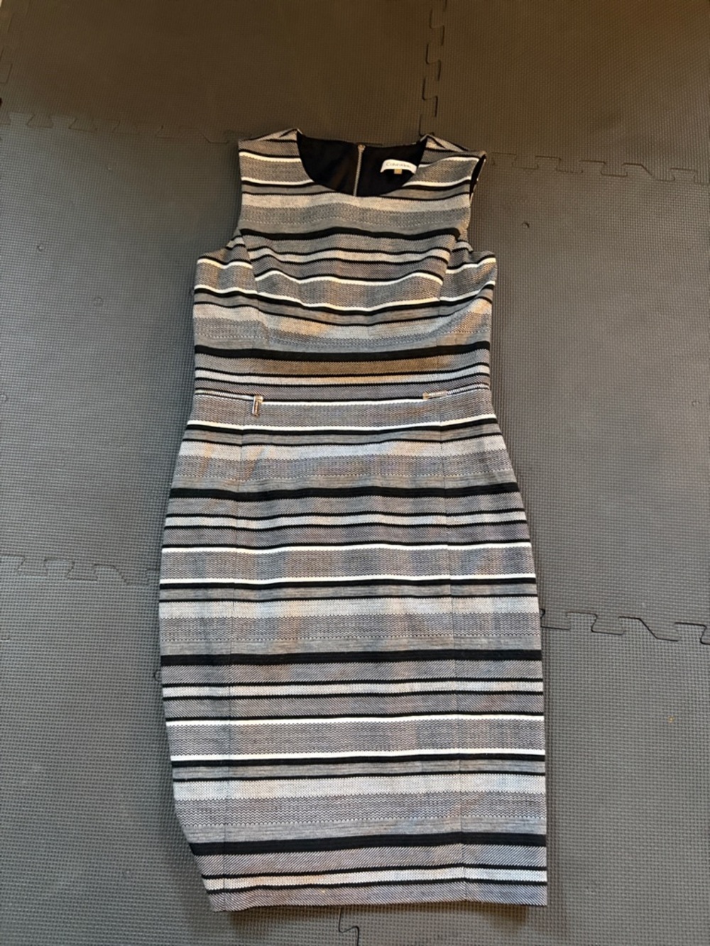 Calvin Klein Black & Gray Striped Sleeveless Sheath Dress